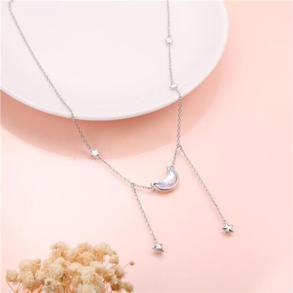 925 Sterling Silver Jewelry Crescent Moon and Star Pendant Necklace - Picture 3 of 8